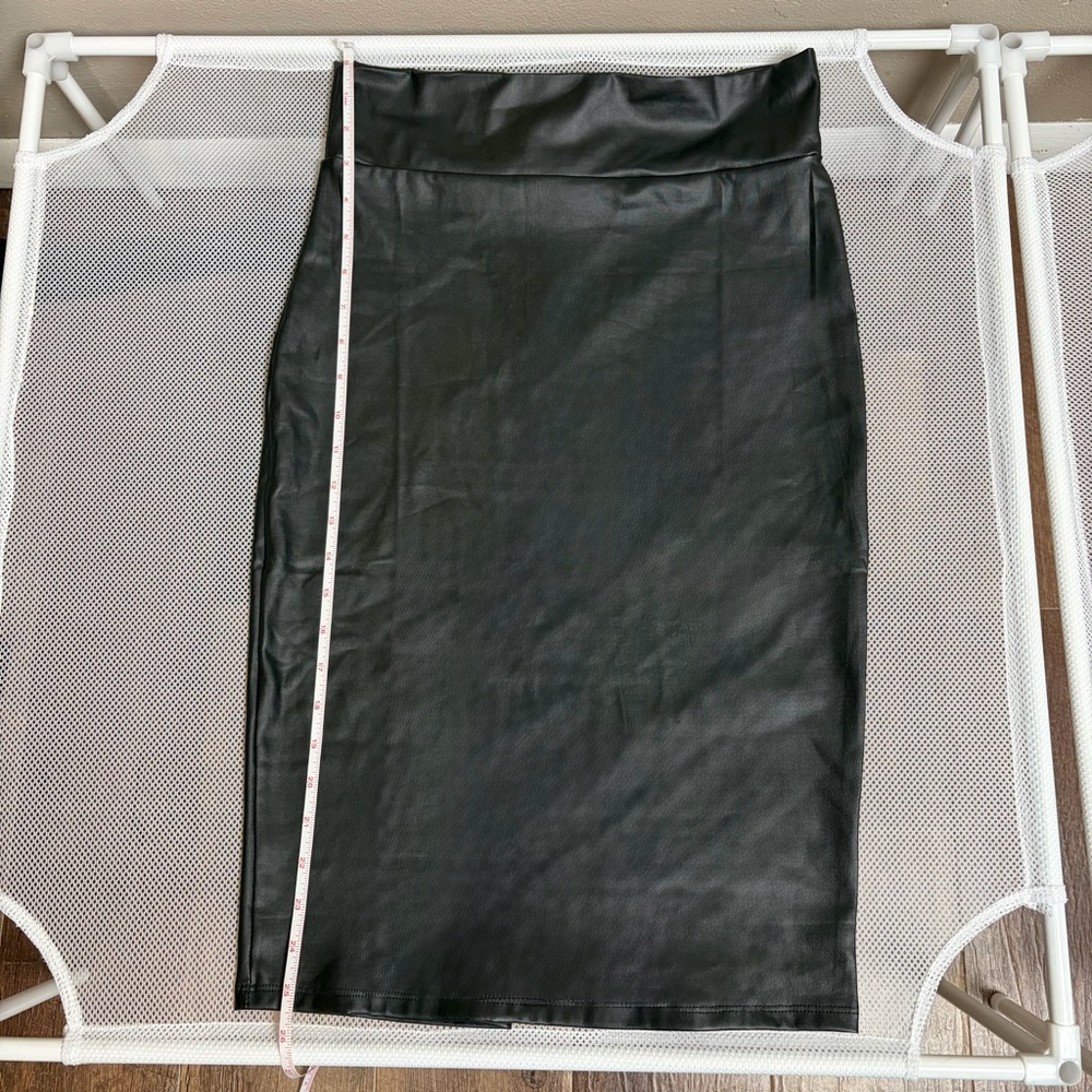 SIMLU Black Faux Leather Midi Pencil Skirt Very Stretchy High Waist Office M EUC - Picture 12 of 15